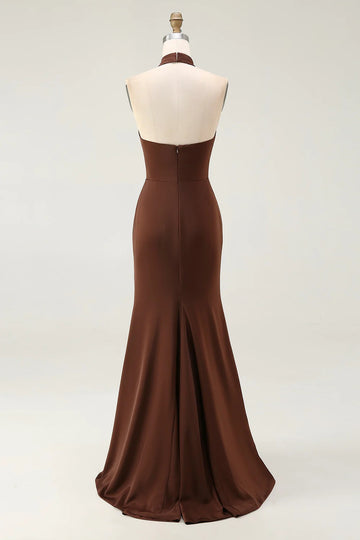 Simple Coffee Satin Halter Mermaid Long Formal Dress